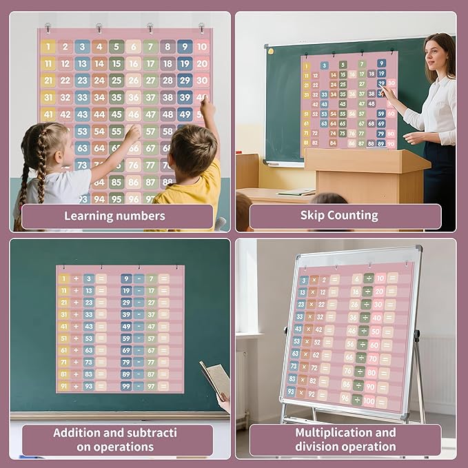 Yoink 100 Pockets Number Chart with 120 Double-Sided Number Cards, Boho Hundred Pocket Chart for Classroom Homeschool Teachers Kids Learning, Pink