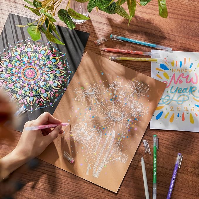 Shuttle Art Colored Pens, 100 Vibrant Colors Cute Journal Pens 0.6mm Fine Point Colored Gel Pens for Black Paper in Portable Bag for Coloring Writing Drawing Journaling Note Taking School Office Home
