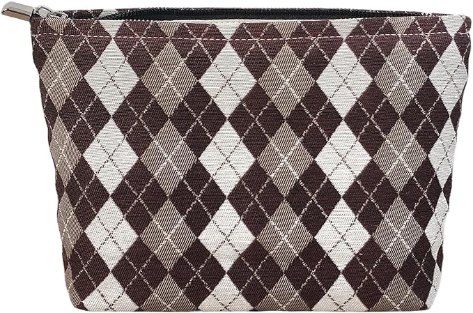 STARDW Checkered Makeup Bag Cosmetic Travel Bag, Toiletry Bag for Women | Canvas Lined Makeup Pouch for Skincare, Brushes, Toiletries & Travel Essentials, Cute Purse Organizer Pouches with Zipper