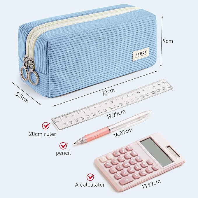 KALIDI Large Pencil Case Corduroy Pencil Pouch Box Cute School Supplies for Teen Girls Boys, Blue