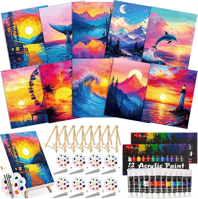 Ctosree 72 Pcs Natural Scenery Paint and Sip Kit for Adults 8'' x 10'' Pre Drawn Canvas for Painting DIY Pre Printed Canvas for Party Favor Afro Acrylic Painting Kit Wood Easel Brushes Bulk