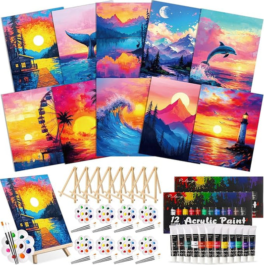 Ctosree 72 Pcs Natural Scenery Paint and Sip Kit for Adults 8'' x 10'' Pre Drawn Canvas for Painting DIY Pre Printed Canvas for Party Favor Afro Acrylic Painting Kit Wood Easel Brushes Bulk