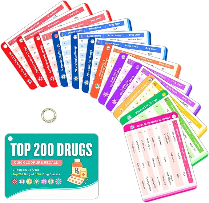 Top 200 Drugs Flashcards - PVC Pharmacology Flash Cards for Nurses, Pharmacy Tech & Paramedic, Pocket Medication Drug Cards, Nursing School Essentials & Pharmacy Technician Study Guide