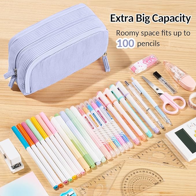 Sooez Big Capacity Pencil Case Pen Pouch, Soft Corduroy Pencil Bag with 3 Compartment, Multiple Pockets, Sturdy Zipper, Cute School Supplies Pen Bag Organizer For Teen Girls College, Blue
