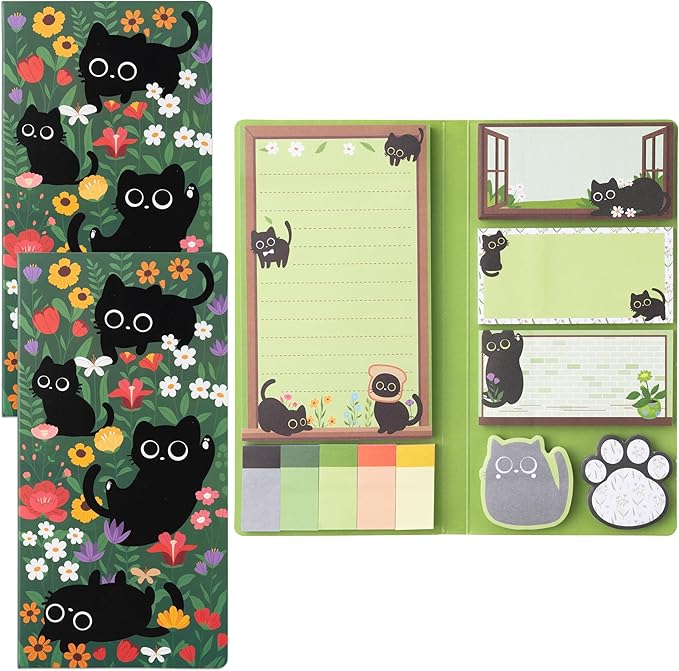 B1ykin Cat Floral Sticky Notes Set - Wildflower Lovely Black Shaped Self-Stick Notes Pad, 550 Sheets Writing Memo Pages Sticky Notepad for Teacher Appreciation Gifts, School Office Supplies (2Pcs)