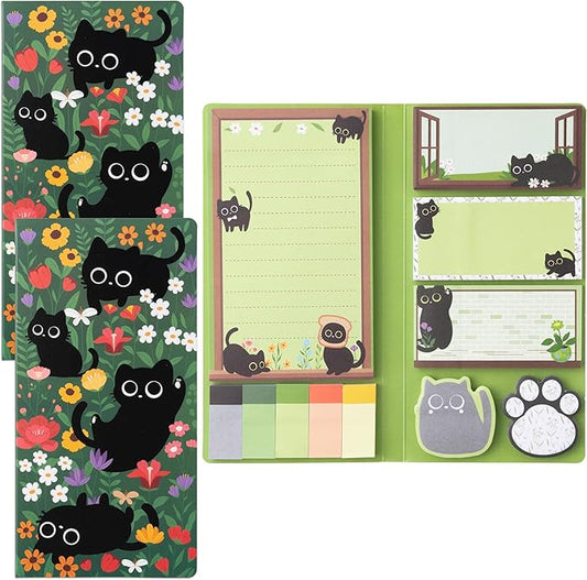 B1ykin Cat Floral Sticky Notes Set - Wildflower Lovely Black Shaped Self-Stick Notes Pad, 550 Sheets Writing Memo Pages Sticky Notepad for Teacher Appreciation Gifts, School Office Supplies (2Pcs)