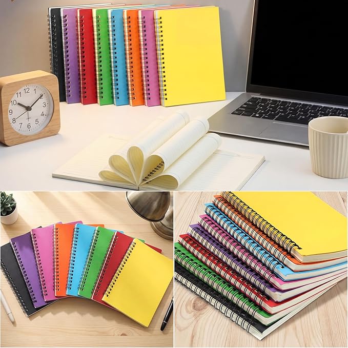 Leelosp 12 Pcs Small Spiral Notebook Lined Spiral Journal College Ruled Notebook Wire Bound Kraft Cover, 120 Pages for Work (Purple,Blue,Orange,Black,5 x 7 Inch)