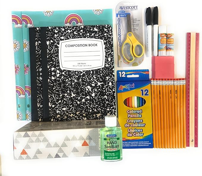 BLJ School Supplies for Kids, Back to School Supply Box, Supplies for Girls or Boys, Essentials Supplies for K-8 Kindergarten Elementary-School Supply Kit 39PCS (Rainbow)
