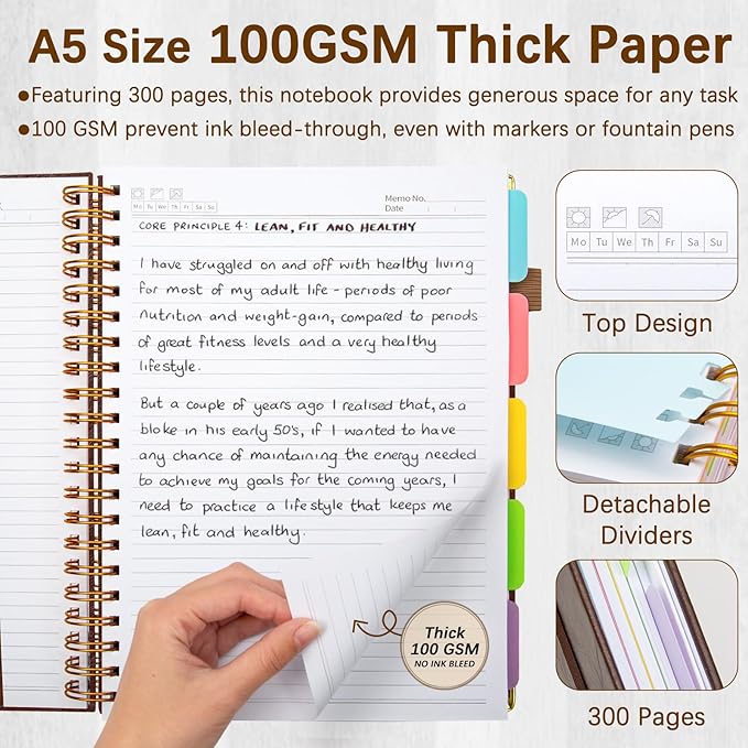 Hardcover Spiral Notebooks for Work 6.2"x 8.2", 300 Pages 5 Subject Notebook with Dividers & Tabs, A5 Spiral Journal for Women, College Ruled Notebook for School Note-Taking (Dark Brown)