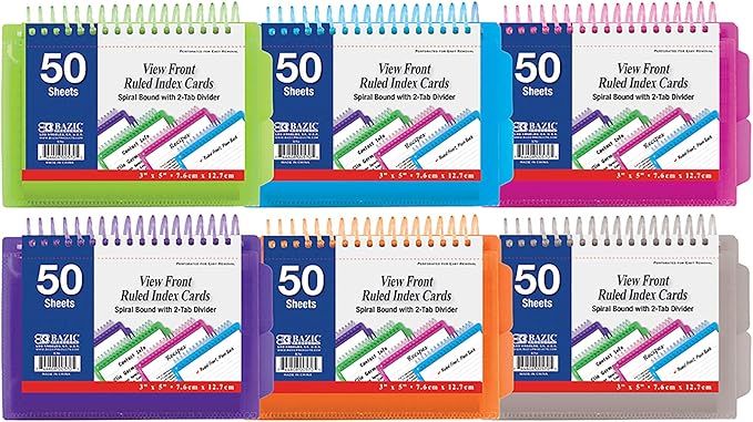 BAZIC Products Ruled Index Cards Book 3" X 5", View Poly Cover Spiral Bound Memo w/ 2 Tab Divider, White Flashcards, Lined Card for Memory (50/Pack), 24-Packs