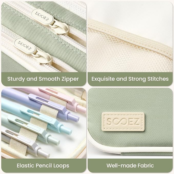 Sooez Large Capacity Pencil Case Pouch, Cute Pencil Pouch Pencil Bag | 3 Compartment, Aesthetic Pen Case with Zipper, Stationery Organizer, School Supplies for Teen Girl Boy Women Men, Green