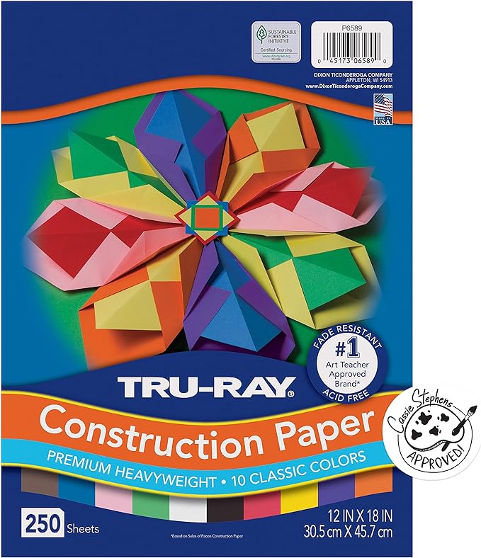 Tru-Ray® PAC6589 Construction Paper Bulk Assortment, 10 Assorted Colors, 12" x 18", 250 Sheets