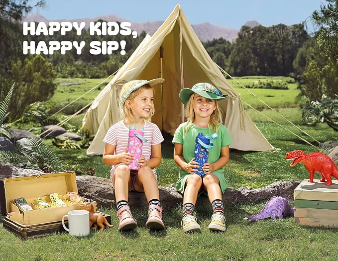 18 oz kids water bottle with straw and handle: Leak Resistant, BPA-Free, Keep Cold 24H, Quick-Flip Straw Lid, Double Wall Stainless Steel Cup for School, Family Trip, Outdoors, Gift (Pollen Party)