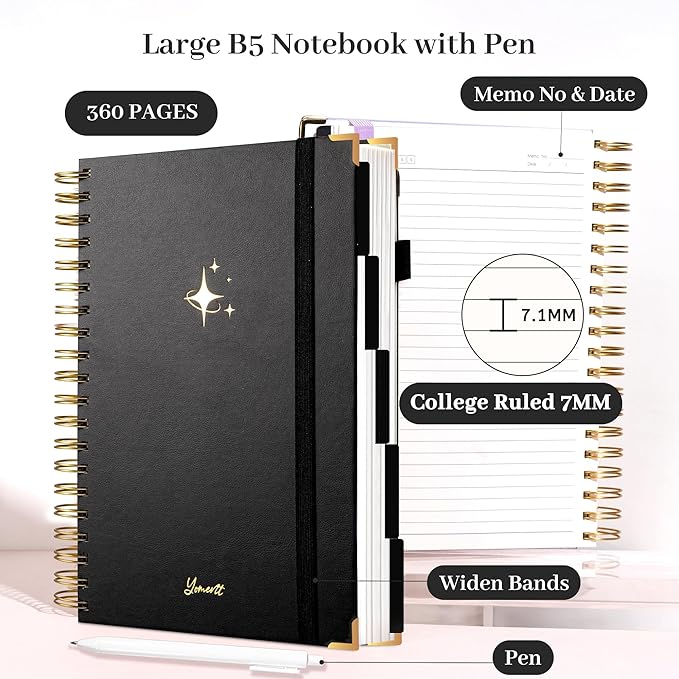 FLYING EAGLE Leather Spiral Notebooks for Work 5 Subject Notebook College Ruled with Dividers Pen, 360 Pages B5 Hardcover Lined Journals for Women Men Writing,Black