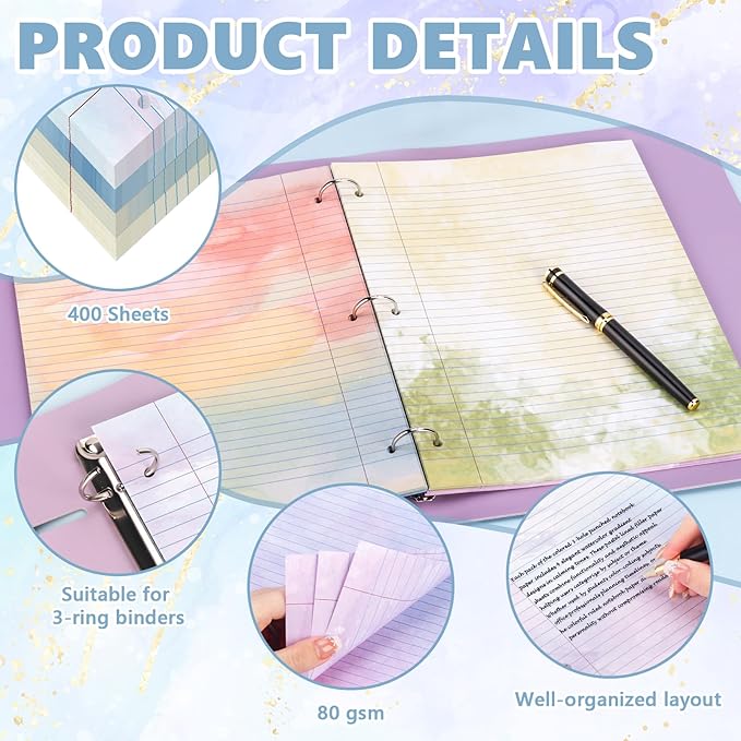 400 Sheets Letter Size Colored Loose Leaf Paper College Ruled For 3-Ring Binder 8.5" × 11" Colored Lined Filler Notebook Paper College Ruled Notepad 3-Hole Punched Watercolor 80gsm For School Office