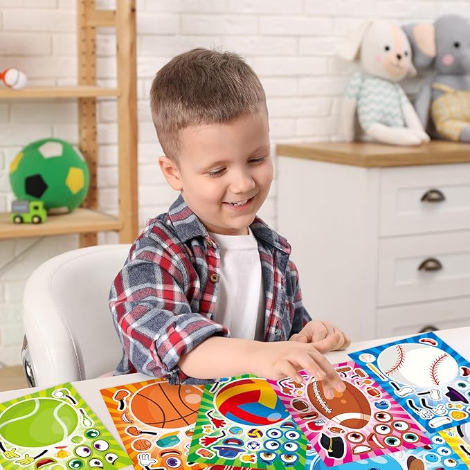 24 Sheets 8.27''×5.9'' Make Your Own Sport Ball Stickers for Kids Toddlers, Make a Face Stickers for Kids Party Favors Activities