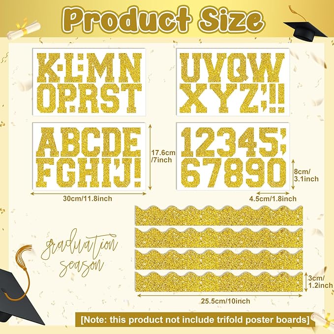 Gold 175 Pcs Graduation Photo Display Board Sticker Glitter Border Trim Alphabet Letter Number for 2026 Grad Party Trifold Poster Photo Display Event Displays Bulletin Board