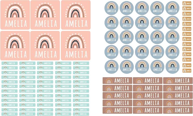 Andaz Press Custom Personalized Waterproof School Name Labels Boho Rainbow, 120-Pack Kids Labels Combo Pack Customizable Multi-Use Name Stickers Personalized School Supplies Camp Stickers Daycare