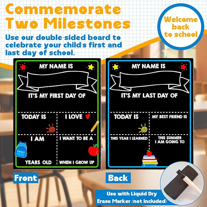First Day of School Chalkboard, 14 x 11 in Paper Preschool Signs for Kids | Reusable Back to School Sign, Double Sided First Day of School Board, Easy Clean Blank Writing Board for Pre-k