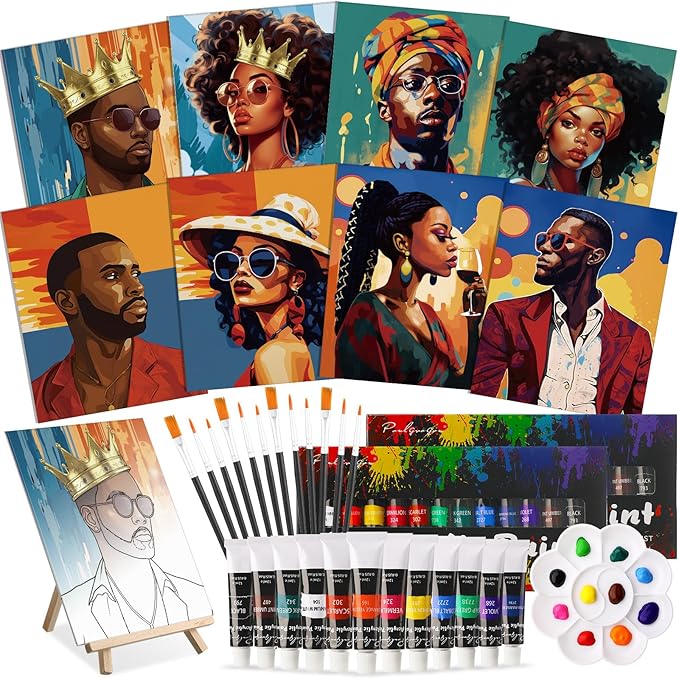 Cholemy 36 Pcs Paint and Sip Kit for Adults 8''x10'' Pre Drawn Canvas for Painting DIY Afro Acrylic Painting Kit Wood Easel Brushes Date Night Bulk for Father's Day Party Gifts(Black Women)