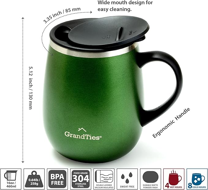 GRANDTIES Insulated Coffee Mug with Handle - Sliding Lid for Splash-Proof 16oz Wine-Glass Shape Thermal Tumbler with Double Walled Vacuum Stainless Steel to Keeps Beverages Hot or Cold-Green Metallic