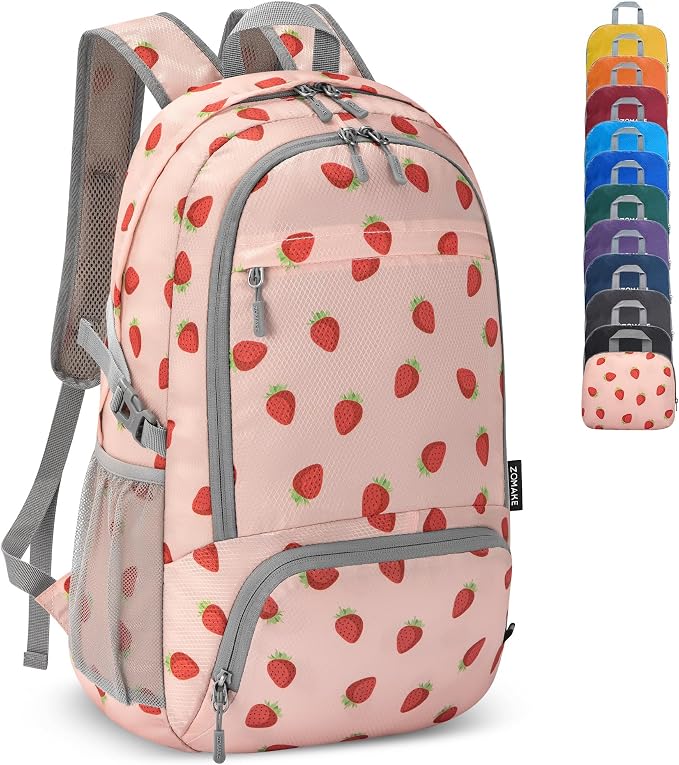 ZOMAKE Lightweight Packable Backpack 30L, Foldable Travel Hiking Daypack | Water Resistant Collapsible Backpacks, Folding Day Pack for Outdoor Camping Sport, Everyday Carry(Strawberry print)