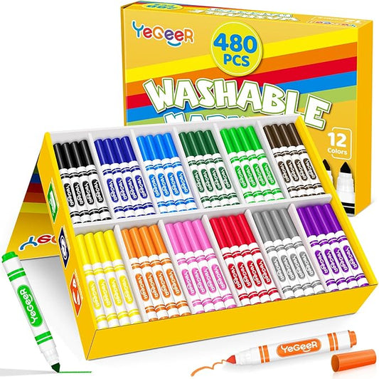 YEGEER 480 Count Washable Markers Bulk – 12 Assorted Colors, Broad Tip Markers for Kids, Teachers, and Classroom Supplies, Perfect for Art and Coloring.