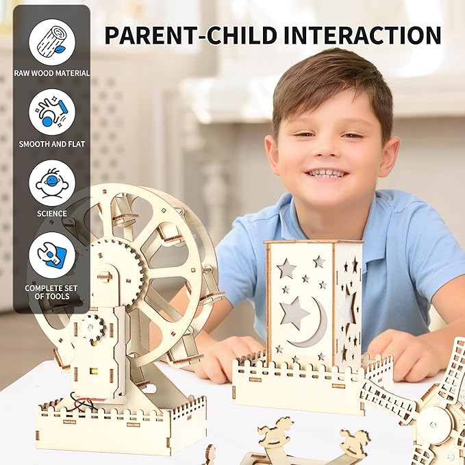 5-in-1 STEM Kits for Kids Ages 8-13, Wooden Building Toys with Motorized Ferris Wheel & Night Light, DIY Science Engineering Projects, Educational Gifts for Boys and Girls
