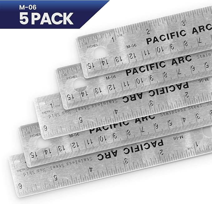 5 Pack | Pacific Arc Stainless Steel 6 Inch Metal Ruler Non-Slip Cork Back, with Inch and Metric Graduations