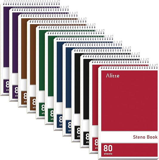 Alitte Steno Pads Spiral 6x9-12 Pack Assorted Bright Colors - Perfect for Work, School, and Home Use, Easy Tear-Off Pages, Gregg ruled, White Paper - No Ink Bleeds - 80 Sheets