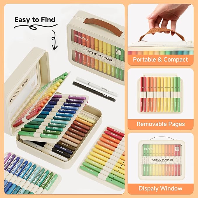 MemOffice Direct Liquid Acrylic Paint Markers, 48 Colors Brush Tip Pens with Carrying Case, No Bleed, Waterproof, for Rock, Wood, Canvas, Glass, Fabric, DIY Crafts for Adults