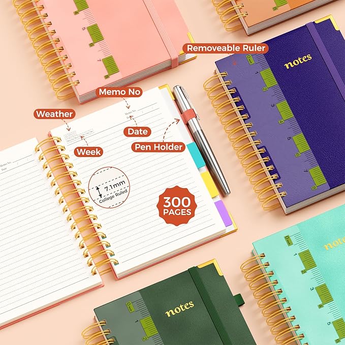 XYark A5 Hardcover Spiral Notebook, 6.3"x8.5" College Ruled Notebooks with Removable Dividers Tabs & Ruler, 5 Subject Notebook 300 Pages, Small Lined Journal for Women Men School Work Office, Purple