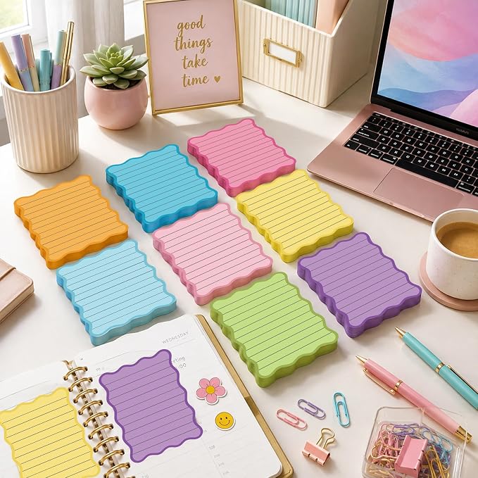 Whaline 8Pcs Stripe Scalloped Sticky Notes 4 x 6 Inch Vibrant Color Striped Self Adhesive Lined Notepad Removable Memo Pad for Classroom Office Home School Party Supplies