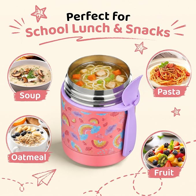 Pawtong 10oz Soup Thermo for Hot Food Kids Insulated Food Jar,Thermo Hot Food Lunch Container, Width Mouth Stainless Steel Lunch Box for Kids with Spoon (Pink-rainbow)