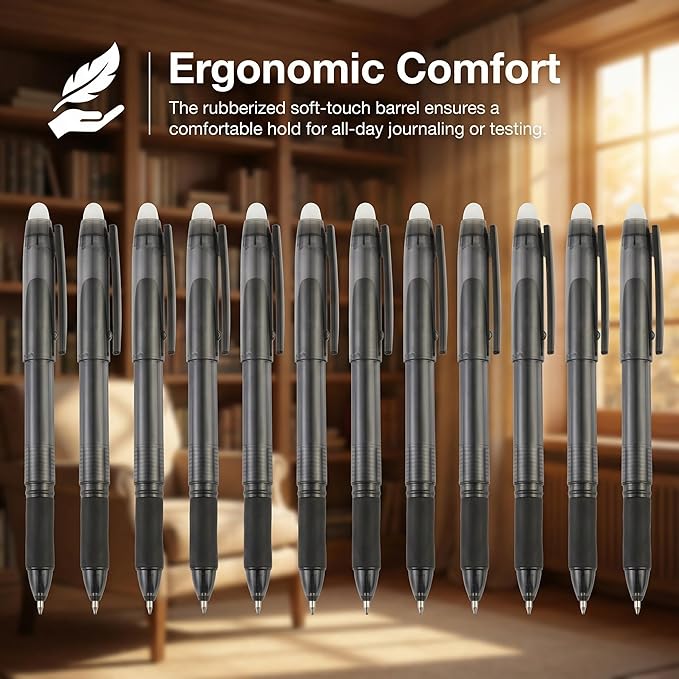 Volcanics Erasable Gel Pens 12 Pack, Soft Black Gel Ink Pens with Caps, 0.7mm Fine Point Erasable Pens for Office, Journaling & Writing