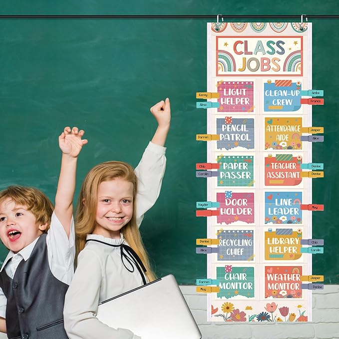 Pasimy Class Jobs Pocket Chart Class Helpers Pocket Chart Classroom Jobs Cards with Clips and Hooks Teacher's Helper Bulletin Board Set for Back to School Classroom Teacher Supplies (Rainbow)