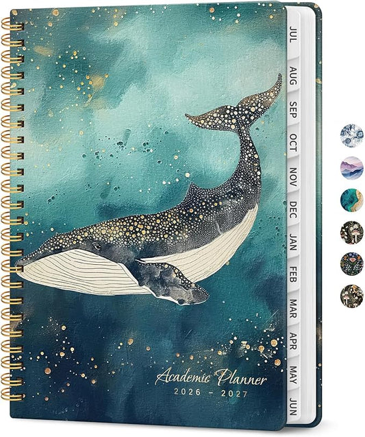 Planner 2026-2027, Academic Monthly and Weekly Calendar Planner for Women, July 2026 - June 2027, Hardcover Pretty Agenda Planner Book with Tabs, Spiral Daily Organizer for School Office Home Supplies, 8.5" x 11" - Whale Dreams