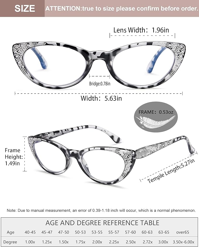 EYEURL 3-Pack Cat Eye Reading Glasses for Women Blue Light Blocking Computer Readers with Rhinestones Anti UV Rays Eyeglasses with Spring Hinges 2.75