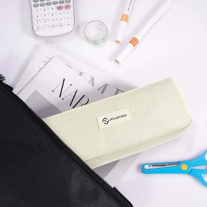 FINPAC Pencil Case, Corduroy Aesthetic Makeup Bag, Cute Kawaii Pen Bag Pouch Holder Box Organize for Study, Office, or Travel (Beige)