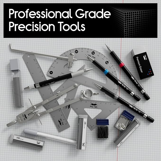 Mr. Pen- Professional Geometry Set, 17 pcs, Metal Compass, Mechanical Pencils, Rulers, Protractor & Set Squares, Lead Refills, Extra Screws & Needles, Drafting Kit for Math, Engineering & Architecture