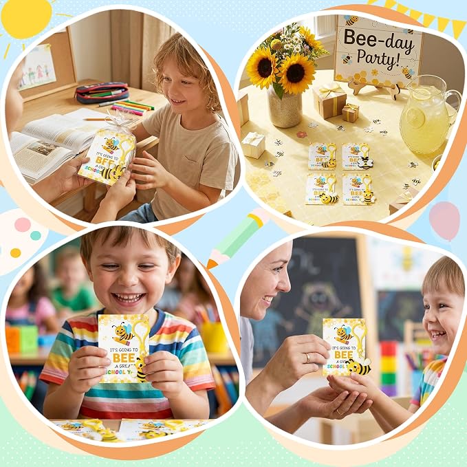 Haooryx Back to School Gift Card with Bee Keychains - 28 Pack Back to School Student Keychain with Greeting Cards Cute Bee Key Ring for Kids First Day of School Gift Class Reward Party Favor Supplies