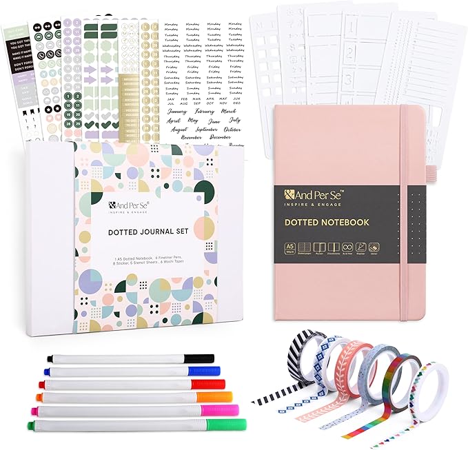&And Per Se Dotted Journal Kit – Journaling set with Dotted Notebook, Stencils, Stickers, Washi Tapes & Colored Pens for Beginners (Pink)