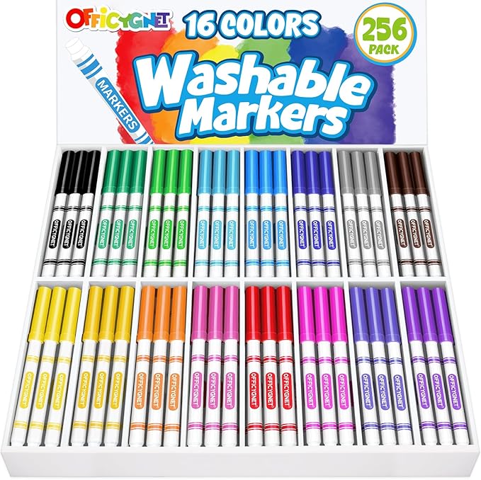 Officygnet 256 Count Washable Markers Bulk, 16 Assorted Colors, Conical Tip with Fine & Broad Line Coloring Marker for Kids, Markers Bulk for Classroom, School Art Supplies, Back to School Essentials