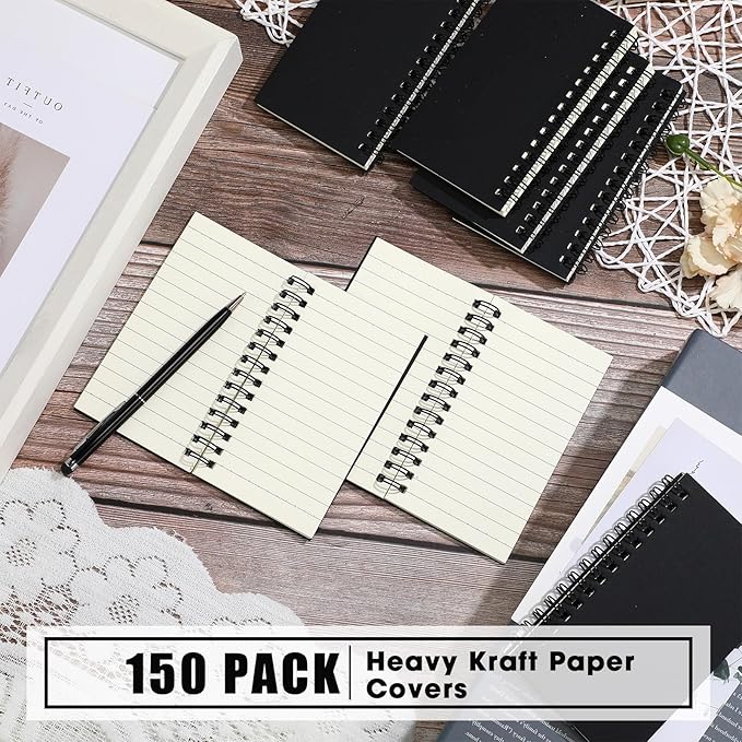 Jutom 150 Pcs Small Spiral Notebooks Memo Pads 3x5 Bulk Small Pocket Notebooks Mini Notepads with Lined Pages Mini Journals for Office School Work Supplies, 120 Pages (Black)