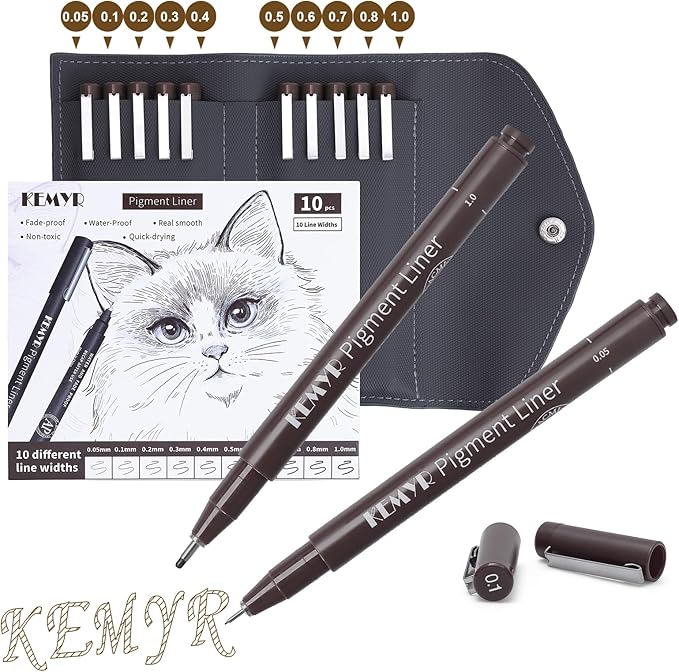 KEMYR 10 Micro Fine liner Drawing Art Pens Calligraphy Pens: 0.05mm-1.0mm Size Art supplies Waterproof Archival brown Ink Markers For Artists,Use for Professional Watercolor,Sketching