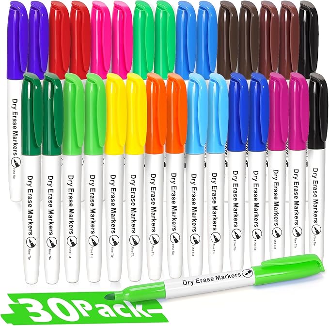 V-Opitos 30 Pack Fine Tip Dry Erase Markers - Bulk Whiteboard Erasable Markers in 15 Colors, Ideal for School Classroom Office Supplies, Non-Toxic & Easy Clean for White board