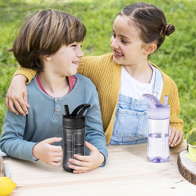 14oz Clear Kids Water Bottle with Straw Lid, BPA-Free Tritan, Measurement Scale, Sturdy Handle Wide Mouth Leak-proof Reusable Plastic Bottle for Boy& Girls, Back to School(Black)