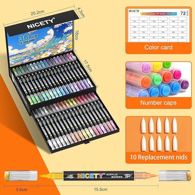 NICETY 72 Colors Dual-Tip Acrylic Paint Markers – 36 Double-Color Brush Pens with 1–5mm Flexible Tips, Water-Based Quick-Dry Non-Toxic Paint Pens for Rock Wood Glass Ceramic Metal Fabric Canvas