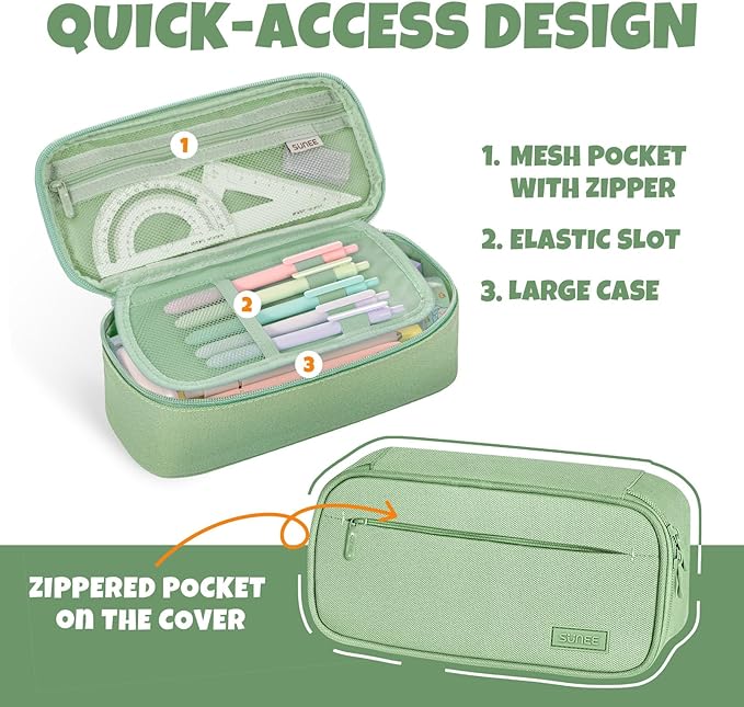 SUNEE Cute Pencil Case, Large Capacity Pencil Pouch, Big Storage Organizer for Stationery, Zipper Pen Bag, Back to School Supplies, Office Organizer Makeup Bag, for Teen Girl Boy Men Women, Green