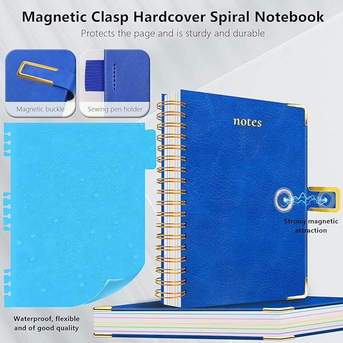Hardcover Spiral Notebook College Ruled, 8"x10" Leather Journal Notebook with Magnetic Closure, 300 Pages 5 Subject Notebook with Dividers Tabs Journal for Women Men, Work, School(College Blue)